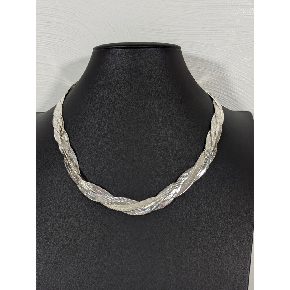 Silver Tone Triple Braided Herringbone Chain Necklace Retro Classic 21"